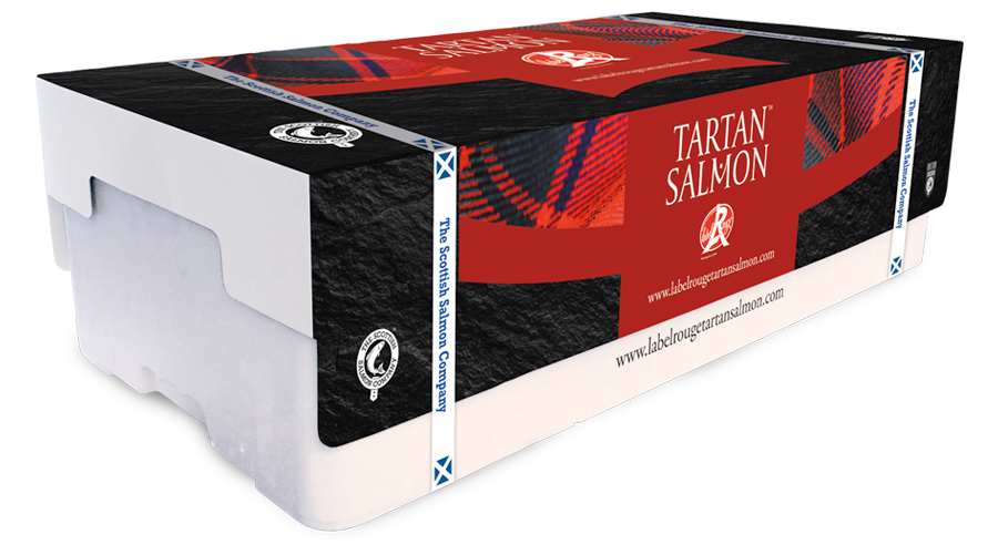 box of tartan salmon with branded cover
